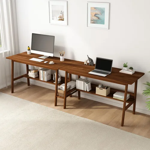 Vista 7 de NELYE Escritorio para 2 personas con estantería, mesa de trabajo de madera extra larga de 79 pulgadas, estación de trabajo para computadora de Nuez