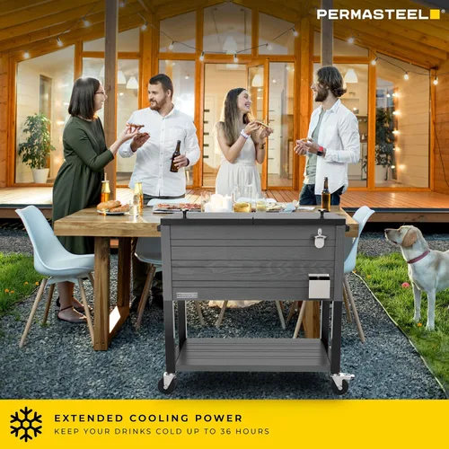 Vista 4 de Permasteel 80 Quart Party Cooler, Rolling Ice Chest with Wheels and Handles for Indoor Outdoor Patio