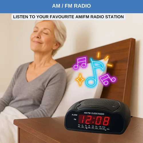 Vista 4 de Reloj despertador digital Radio reloj AM/FM con pantalla LED roja, alarma fuerte para personas que duermen mucho Reloj de escritorio o de noche