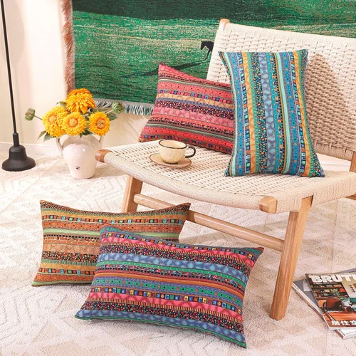 Vista 3 de TAOSON Funda de almohada de lino de mezcla de algodón antiguo con rayas verdes, estilo bohemio, funda de almohada con cierre de cremallera oculta