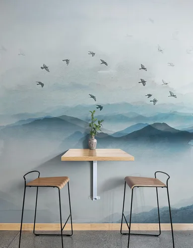 Vista 7 de Papel tapiz para guardería. Papel tapiz de pájaros que vuelan sobre la montaña. Papel tapiz removible, pintura de acuarela de vista de montaña.