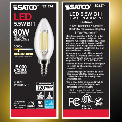 Vista 4 de Satco S21274 LED B11 de 5.5 vatios; transparente; base de candelabro; 90 CRI; 3000 K; 120 voltios (paquete de 2)