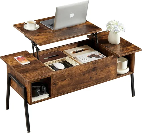 Vista 8 de VECELO Mesa auxiliar de madera con compartimento oculto y estante de almacenamiento para sala de estar/oficina, recepción, mesa elevada, color negro