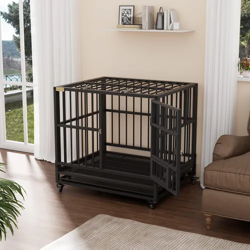 Vista 8 de Furpezoo® Jaula de perro indestructible resistente, perrera grande de 38 pulgadas con puerta de alimentación, jaula para perros a prueba de escape