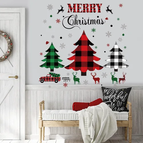 Vista 2 de Adhesivo de pared de Navidad, árboles de Navidad, calcomanías rústicas de búfalo a cuadros de árbol de Navidad, calcomanía de pared de árbol