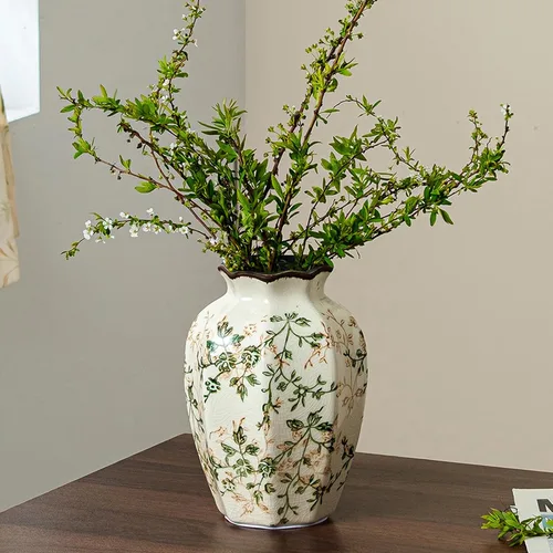 Vista 16 de Jarrón de cerámica verde y blanco con asa, florero rústico para decoración de hogar estilo “chinoiserie”, “grandmillenial” y toscano, jarrón
