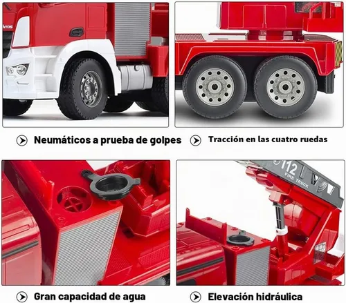 Vista 5 de DOUBLE E - Camión de bomberos a control remoto de 10 canales, escalera extensible de 18 pulgadas con bomba de agua, con luces sonoras que funcionan