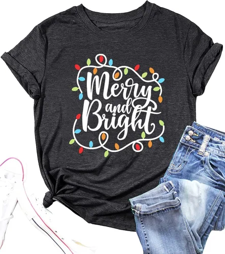 Vista 18 de Camisetas navideñas para mujer Let's Get Lit, camisa con lindo diseño gráfico de luces, manga corta, tops y camisetas de Navidad Gris-Carbón