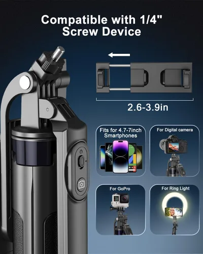Vista 5 de Yeaki Trípode de teléfono de 71 pulgadas, trípode para iPhone con luz de relleno y control remoto recargable, soporte de aluminio para teléfono