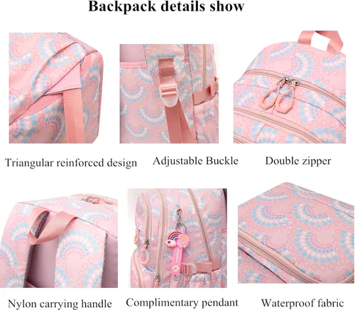 Vista 4 de Mfikaryi Mochila de escuela primaria para niñas, bolsa impermeable para estudiantes con lonchera y estuche para lápices, Azul oscuro