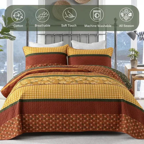 Vista 3 de Finlonte Juego de edredón de otoño Queen – Colcha de 100% algodón de granja tamaño Queen, colcha acolchada a rayas florales, edredón ligero