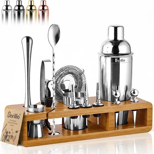 Vista 11 de Barillio Black Bartender Kit – Juego de coctelera de acero inoxidable con soporte de bambú – Herramientas de barra de mixología con coctelera