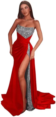 Vista 2 de Tsbridal Vestidos de fiesta de lentejuelas con purpurina, vestido de noche formal con abertura de sirena de satén, vestido largo brillante