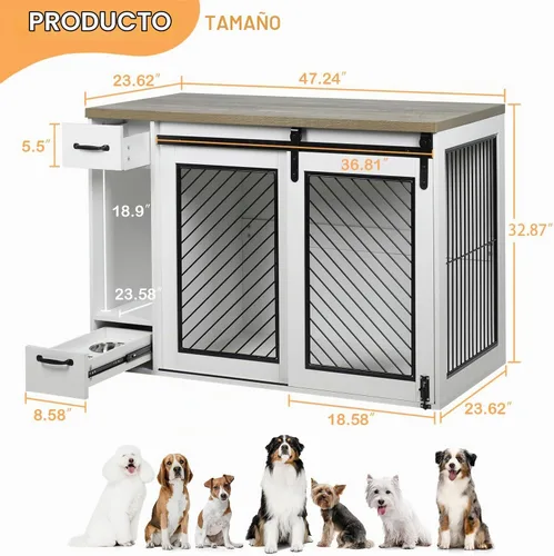 Vista 3 de Muebles de madera para perros de 47.2 pulgadas, resistentes para perros extragrandes, color blanco