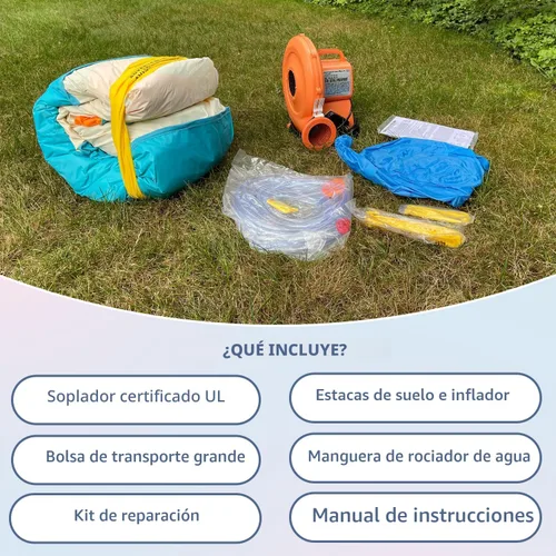 Vista 7 de Bounceland Parque de juegos inflable con salto y aventura de salpicaduras o tobogán acuático todo en uno, piscina grande, área de salto divertida