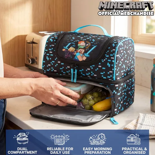 Vista 2 de Get Trend Minecraft - Lonchera reutilizable con aislamiento para niños, bolsa ligera con doble compartimento con asa, se adapta a la lonchera
