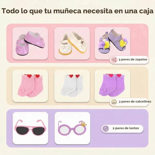 Vista 3 de MSYO - 8 accesorios de muñeca para muñecas de 18 pulgadas, 3 pares de zapatos, 3 pares de calcetines y 2 pares de gafas, juego de vestir pastel