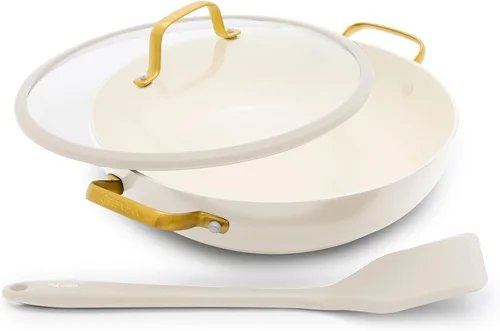 Vista 17 de GreenPan Reserve Pro - Juego de 3 sartenes con tapa y espátula de silicona Café con leche