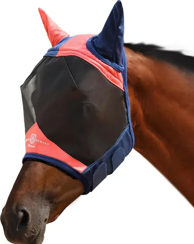 Vista 20 de Harrison Howard Máscara de mosca de caballo luminosa profesional estándar con orejas protección UV para caballo, azul y plateado, pequeño poni