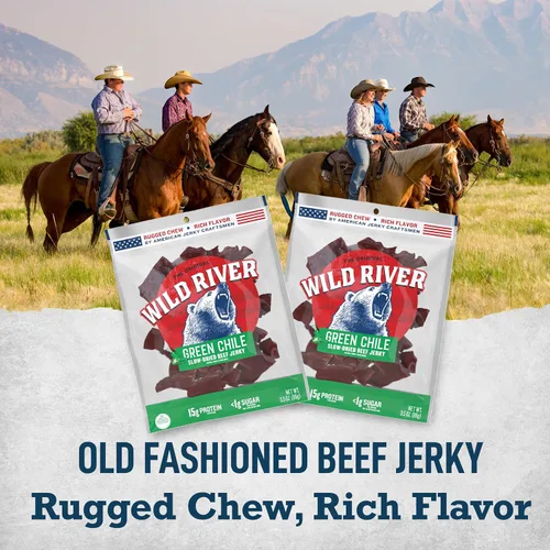 Vista 3 de Wild River Green Chile Beef Jerky – Paquete de 4 bolsas de 3.5 onzas – Cecina antigua y de secado lento – Snacks de proteína de carne real listos