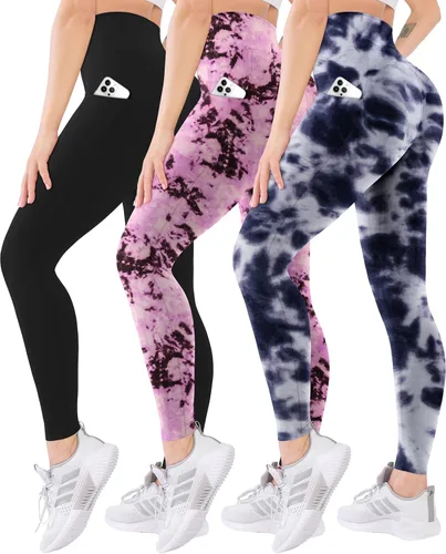 Vista 30 de Blisset - Paquete de 3 leggings de cintura alta para mujer con bolsillos, pantalones suaves y activos para control de abdomen, ideales para yoga