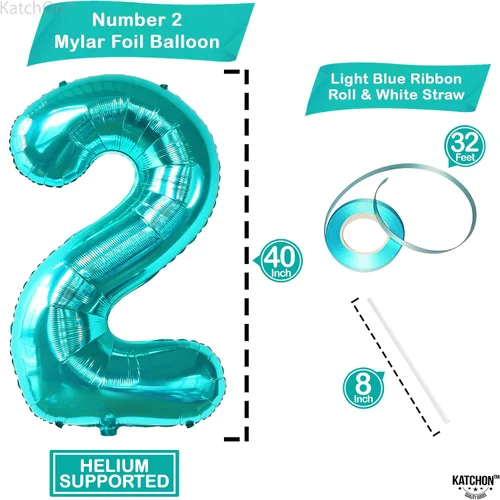 Vista 3 de Globos de construcción enormes de 40 pulgadas para decoraciones de segundo cumpleaños, globos azules Tiffany con el número 2 con globos de camión