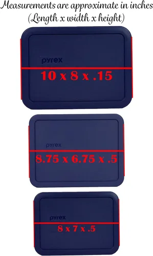 Vista 2 de Pyrex 7212-PC, 7211-PC y 7210-PC tapas azules de almacenamiento de alimentos, fabricadas en Estados Unidos BPA-Free Plastic Rectangular Design