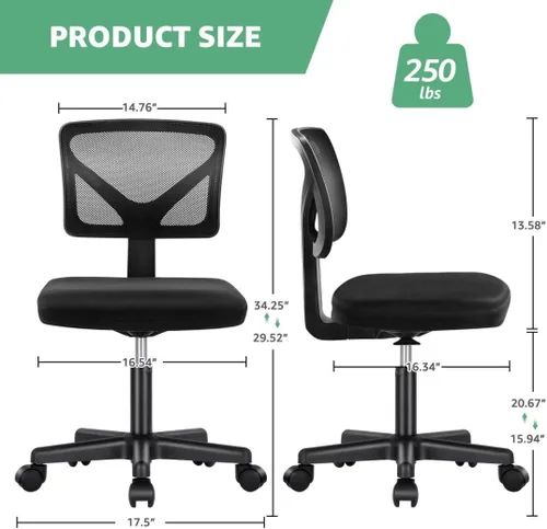 Vista 3 de Silla de oficina de malla sin brazos, silla de escritorio ergonómica con respaldo bajo, sillas giratorias ajustables para computadora para espacios