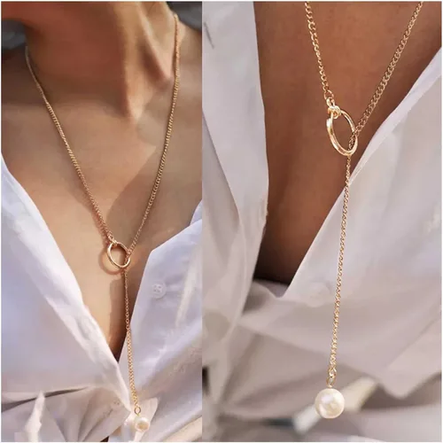 Vista 2 de Collar bohemio con perlas en Y de oro, círculo abierto en Y, Lariat, minimalista, cadena de gota de perlas, collar largo de círculo de karma