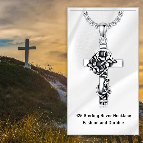Vista 2 de Collar con colgante de cruz gótica de plata de ley 925 para hombre, crucifijo de Jesús, oración gótica, punk, genial, motociclista, regalos