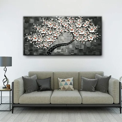 Vista 7 de Tyed Art -24x48 pulgadas Flores Arte Contemporáneo Pintura al óleo Flores Blancas Abstractas Pinturas de Árbol 100% Pintado a Mano 3D Arte Abstracto
