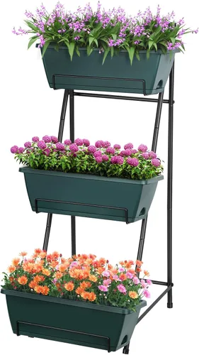 Vista 10 de Cama de jardín elevada vertical de 3 niveles, soporte de macetas de jardín elevadas, caja de maceta de jardín vertical con agujeros de drenaje
