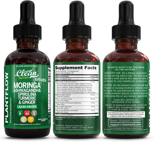 Vista 9 de Clean Nutra Moringa Suplemento Gotas Ashwagandha Spirulina Chlorella Cúrcuma y Jengibre Líquido Cebada Hierba con Clorofila Algas Azul Verde