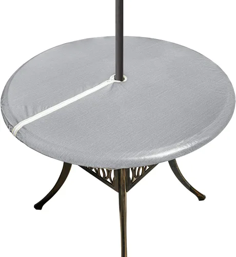 Vista 14 de Mantel redondo de vinilo con agujero para paraguas y cremallera, mantel ajustable 100% impermeable, fácil de limpiar, cubierta de mesa de PVC