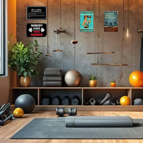 Vista 6 de Póster de disciplina para gimnasio, carteles de entrenamiento para gimnasio en casa, decoración de pared de metal, divertidos carteles de lata