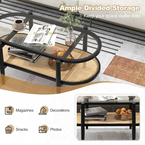 Vista 4 de Giantex Mesa de centro de ratán, mesa de té de madera ovalada de 2 niveles con mesa de vidrio templado y estante de almacenamiento de ratán de Negro