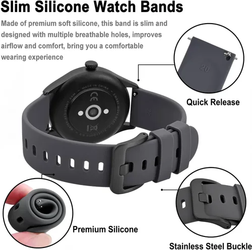Vista 108 de BISONSTRAP Correas de reloj de silicona, correas de reloj delgadas con liberación rápida, 0.787 in, negro con hebilla negra