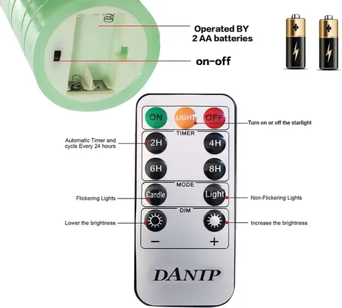 Vista 4 de DANIP - Vela LED verde sin llama con cuerda de estrella integrada, juego de 3 velas LED, con control remoto de 11 botones, función de temporizador