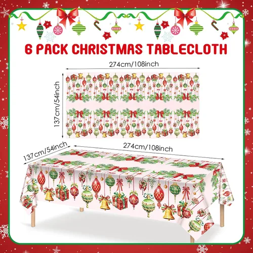 Vista 2 de Frienda Paquete de 3 manteles de plástico para Navidad, mantel de Navidad desechable rectangular para decoración de fiesta de Navidad, suministros
