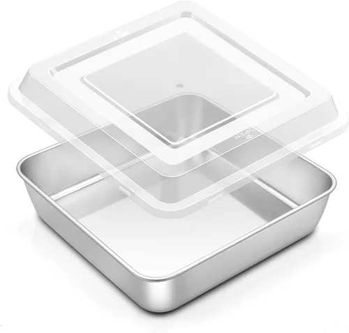 Vista 14 de Onader Bandeja cuadrada para hornear pasteles de 8 x 8 pulgadas con tapa, bandeja de lasaña de brownie de acero inoxidable