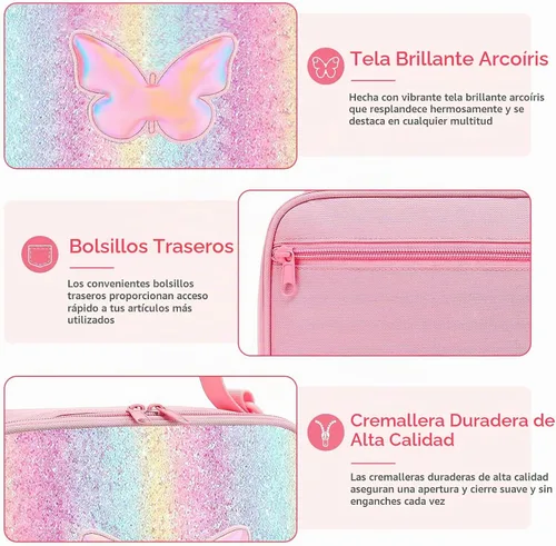 Vista 7 de Lonchera con diseño de mariposa para niñas y niños, lonchera aislada con diseño de arco iris con asa de clip, lonchera a prueba de fugas con Rainbow