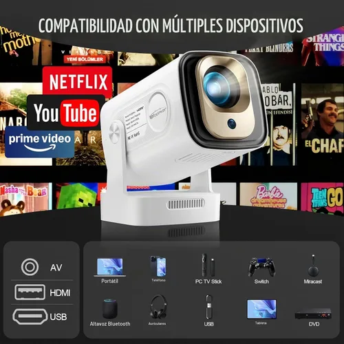 Vista 2 de Proyector portátil de enfoque automático, mini proyector con WiFi y Bluetooth nativo 1080P compatible con resolución 4K con BT5.4 WIFI6 300 ANSI