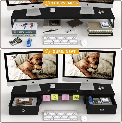 Vista 3 de Soporte elevador para monitor doble de 39 pulgadas con 2 cajones, soporte grande de madera negra para 2 monitores, organizador de escritorio