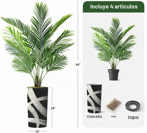 Vista 3 de Árbol artificial en macetero con patrón geométrico, palmera tropical areca artificial de seda para decoración del hogar en interiores y exteriores