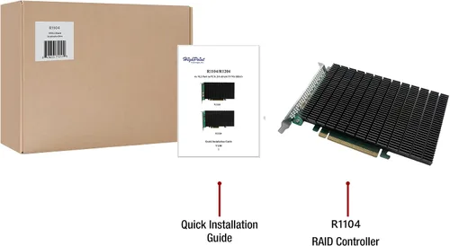 Vista 5 de HighPoint HBA M.2 Rocket 1104 PCIe Gen3 NVMe HBA de 4 puertos para sistemas Windows, Mac, Linux y VMWare.