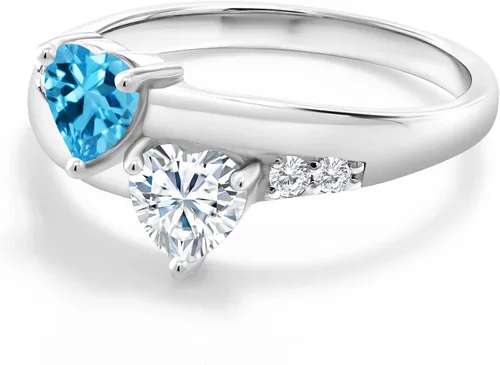 Vista 3 de Anillo solitario de plata de ley 925 con forma de corazón, topacio azul suizo y piedra gema, moissanita creada por King (1.05 quilates), Metal Gema