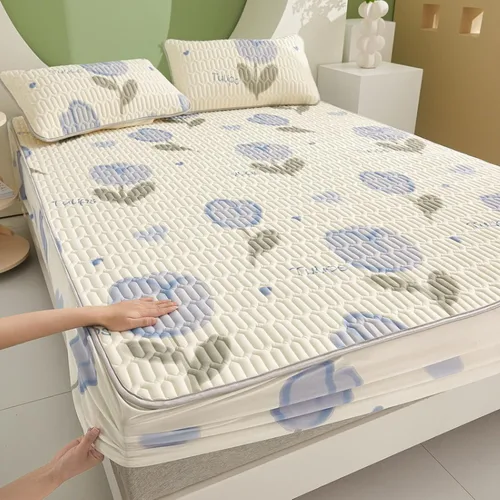 Vista 19 de FCLDESHOP Sábanas de bolsillos profundos, sábana bajera con estampado de látex fresco grueso de verano, protector de colchón de animé de dibujos