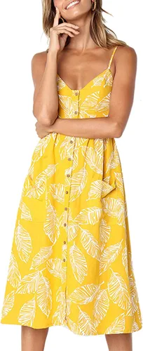 Vista 50 de Angashion - Vestido floral de verano estilo bohemio para mujer, con botones, bolsillos y tiras ajustables