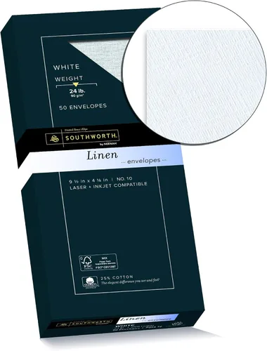 Vista 2 de Southworth Sobres #10 de 25% algodón, 4.125 x 9.5 pulgadas, 24 libras/90 GSM, acabado de lino, blanco, 50 unidades. El embalaje puede variar
