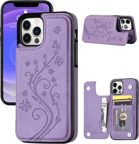 Vista 16 de Funda tipo cartera compatible con iPhone 12 Pro/12, funda protectora delgada con tarjetero, funda premium de cuero sintético con función atril